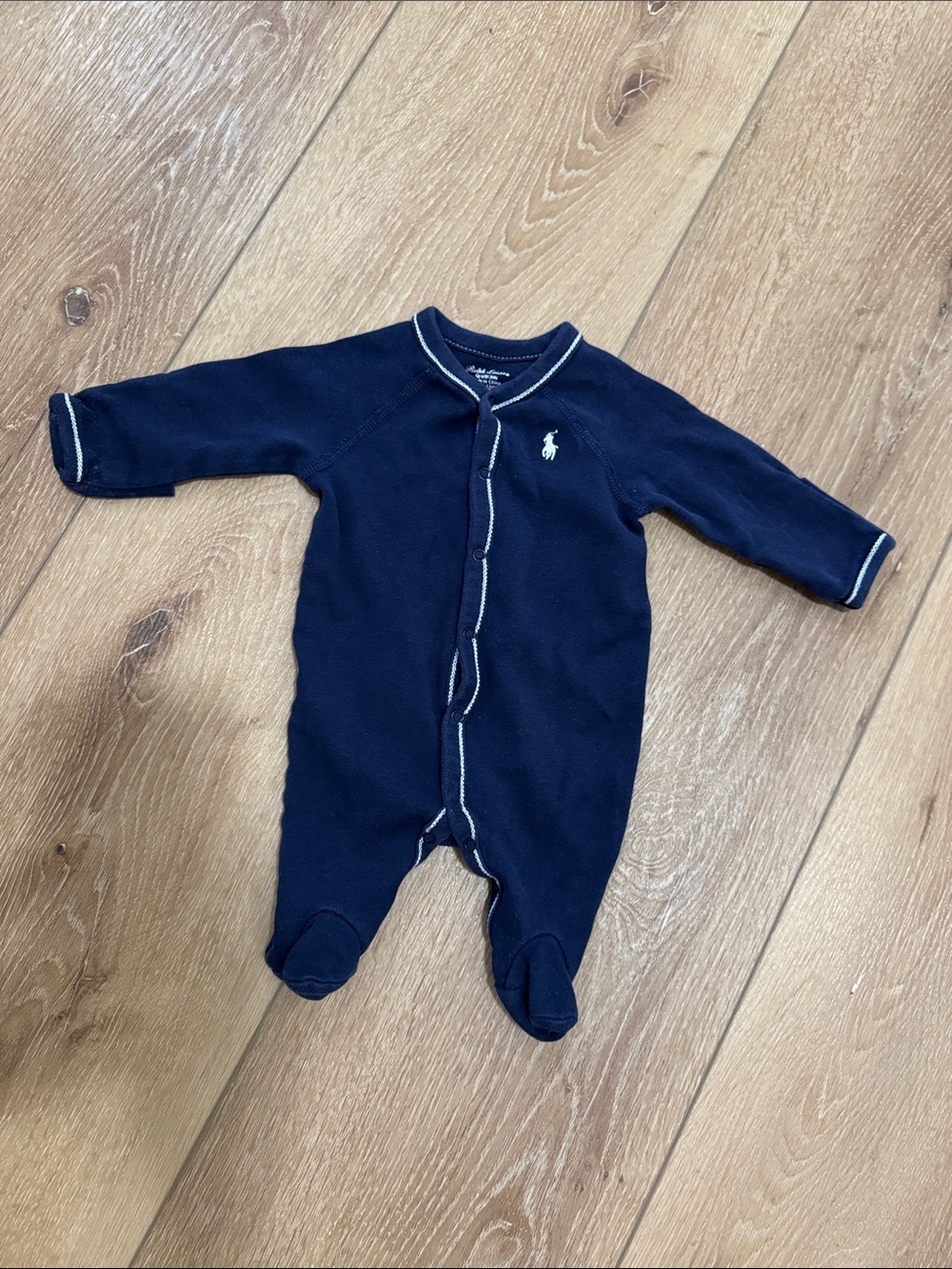 Polo by Ralph Lauren Navy Baby Footed One-Piece with White Trim